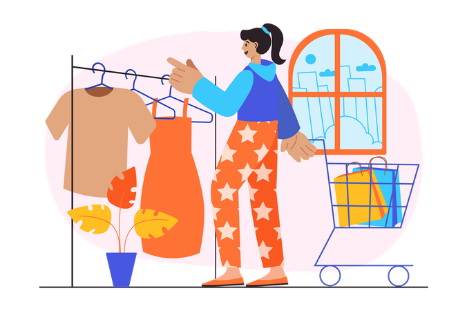 Mädchen wählt Kleid zum Anprobieren im Geschäft aus  Illustration