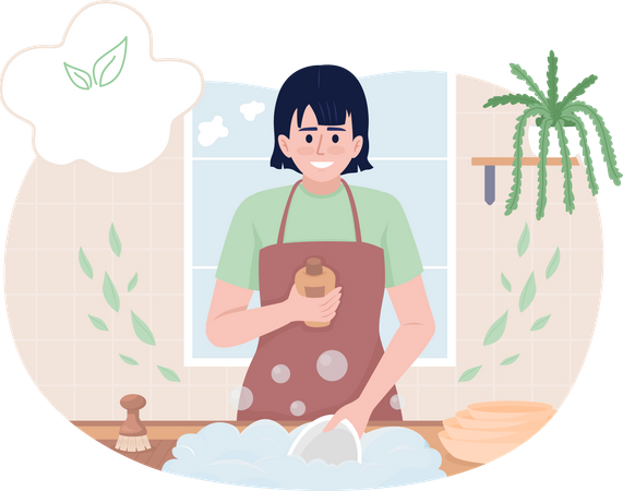 Mädchen beim Geschirrspülen  Illustration