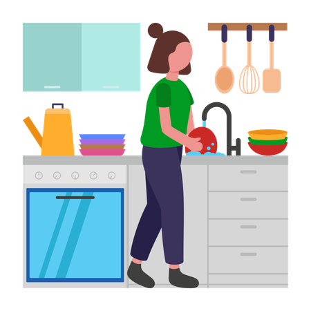 Mädchen beim Abwasch zu Hause  Illustration