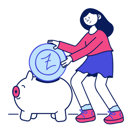 Mädchen wirft eine Münze ins Sparschwein  Illustration
