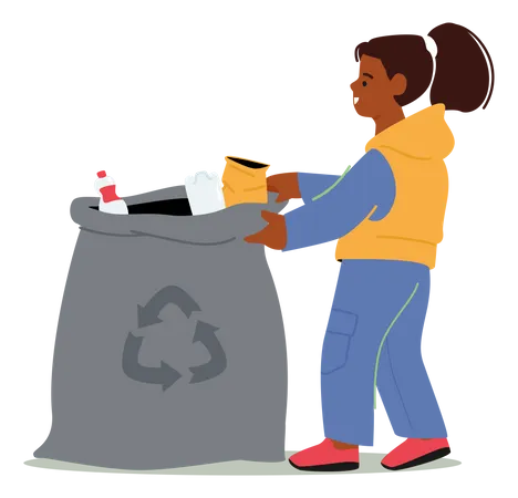 Mädchen wirft Müll in Sack  Illustration