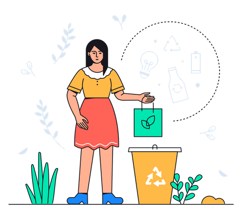 Mädchen wirft Recyclingmüll in Papierkorb  Illustration