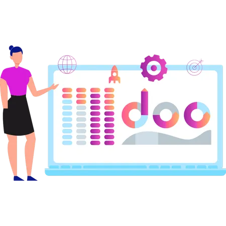 Mädchen zeigt Diagramm auf Laptop  Illustration