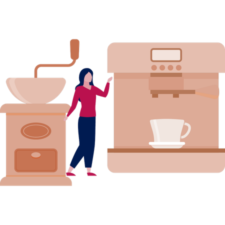 Mädchen zeigt Kaffeemühle  Illustration