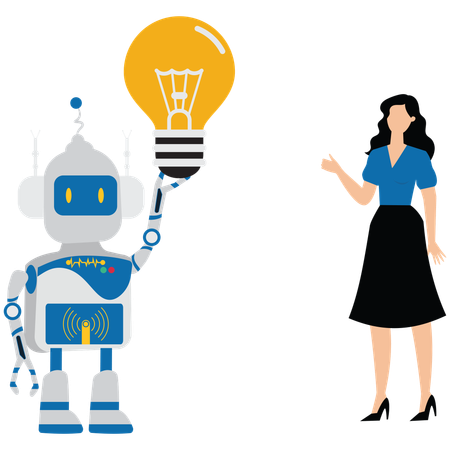 Mädchen zeigt KI-Technologie für künstliche Intelligenz, um über neue Ideen nachzudenken und Ratschläge zu geben  Illustration