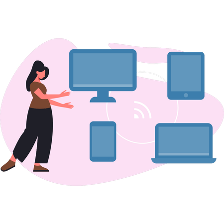 Mädchen zeigt Monitor Vernetzung  Illustration