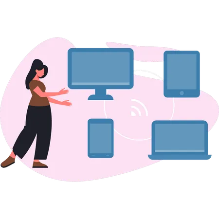 Mädchen zeigt Monitor Vernetzung  Illustration