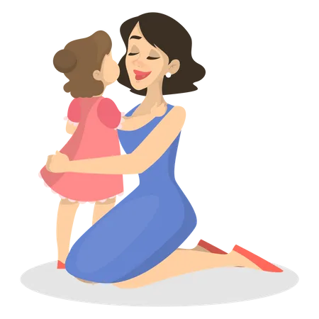 Madre Abraza A Su Pequena Hija Con Amor Mama Y Nino Relacion En Familia Ilustracion Vectorial Aislada En Estilo De Dibujos Animados Ilustración