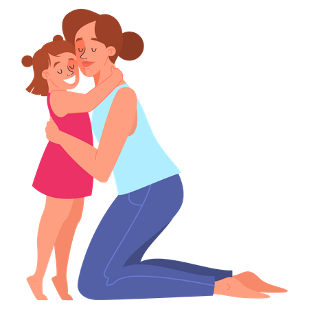 Madre abraza a su pequeña hija  Ilustración