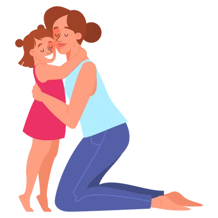 Madre Abraza A Su Pequena Hija Con Amor Mama Y Nino Relacion En Familia Ilustracion De Vector Aislado En Estilo De Dibujos Animados Ilustración