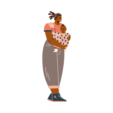 Mujer africana caminando con su bebé en un portabebés  Ilustración