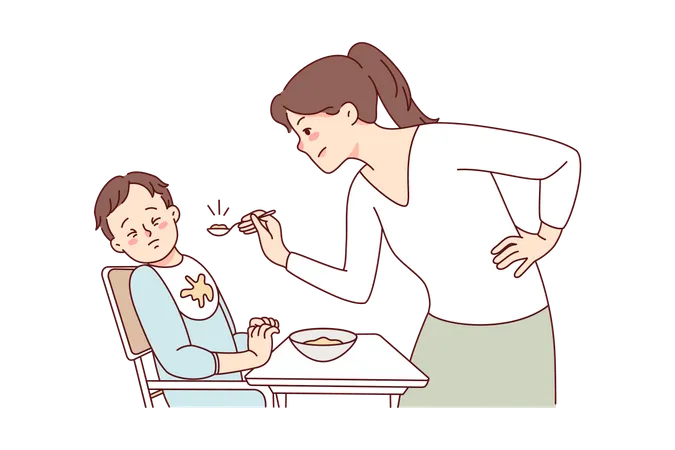 Madre alimentando comida a un niño travieso  Ilustración