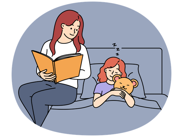 Una madre amorosa le lee un libro a su hija en la cama  Ilustración