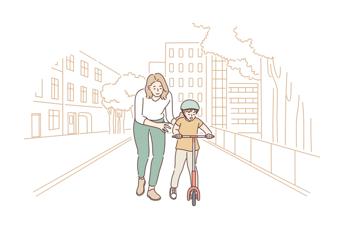 Madre ayudando a su hijo a andar en scooter  Ilustración