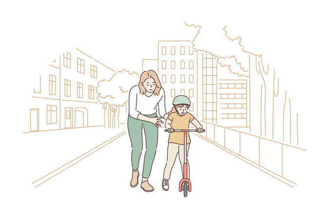 Madre ayudando a su hijo a andar en scooter  Ilustración