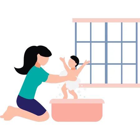 Madre bañando a su hijo  Ilustración