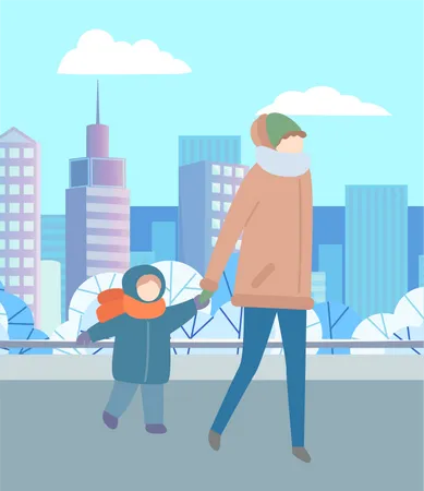 Madre caminando con su bebé durante el invierno  Ilustración