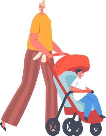 Madre caminando con un niño pequeño dentro del carro  Ilustración