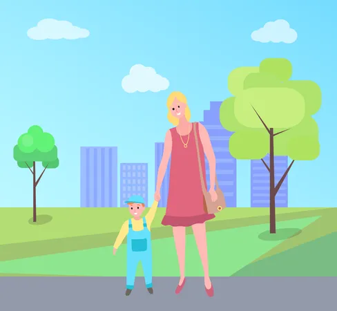 Madre caminando con su hijo en el parque  Ilustración