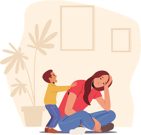 Madre cansada y deprimida sentada en el suelo mientras su hijo la molesta  Ilustración