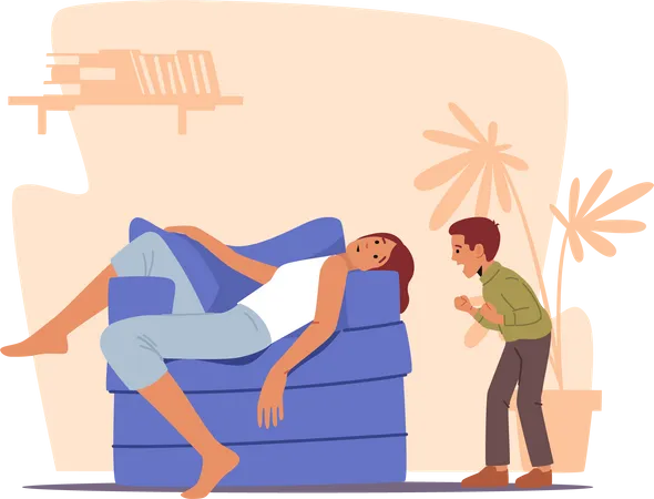 Madre cansada durmiendo en un sillón en casa con un niño gritando  Ilustración