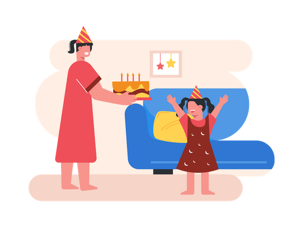 Madre celebrando el cumpleaños de su hija.  Ilustración