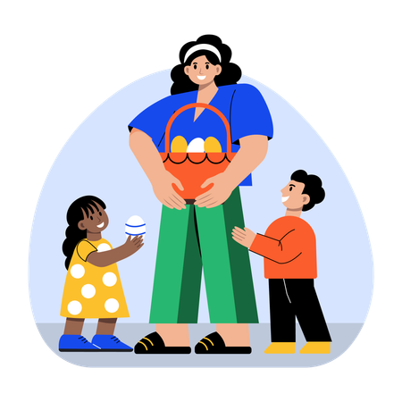 Madre celebrando la fiesta de Pascua con niños  Ilustración