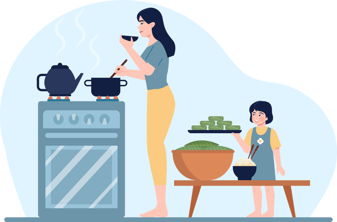 Madre cocina comida para niño  Ilustración