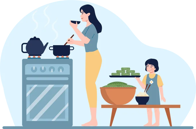 Madre cocina comida para niño  Ilustración