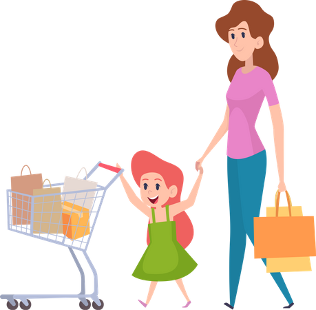 Madre haciendo compras con su hija  Ilustración