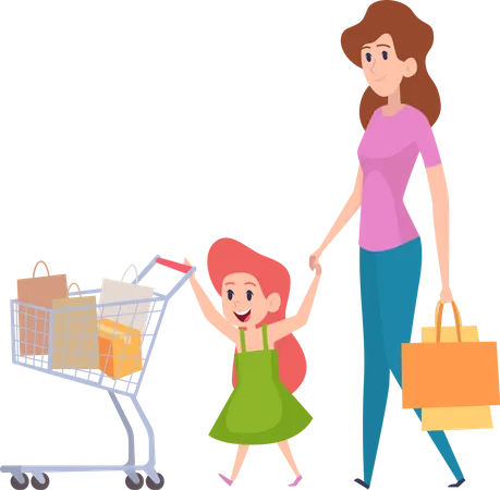 Madre haciendo compras con su hija  Ilustración