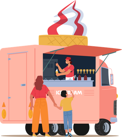 Madre comprando helado para su hijo en una furgoneta de helados  Ilustración