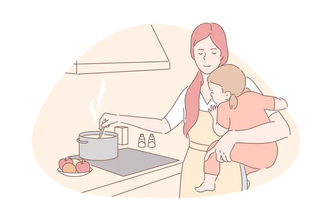 Madre sosteniendo a su hija mientras cocinaba en la cocina  Ilustración