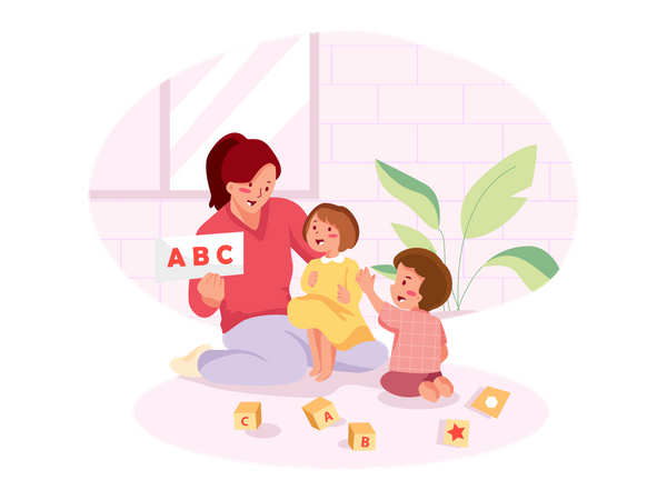 Madre con dos hijos aprendiendo el alfabeto con tarjetas  Ilustración