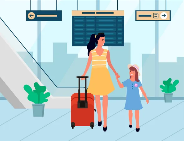 Madre con hija en el aeropuerto  Ilustración