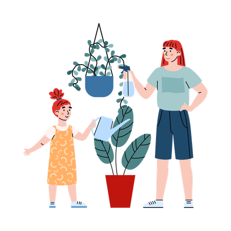 Madre con hija regando plantas de interior  Ilustración