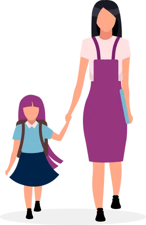 Madre con hija yendo a la escuela  Ilustración