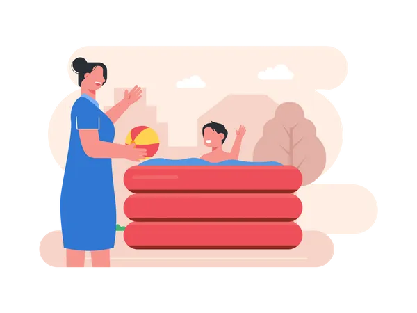 Madre con hijo en swimtube  Ilustración