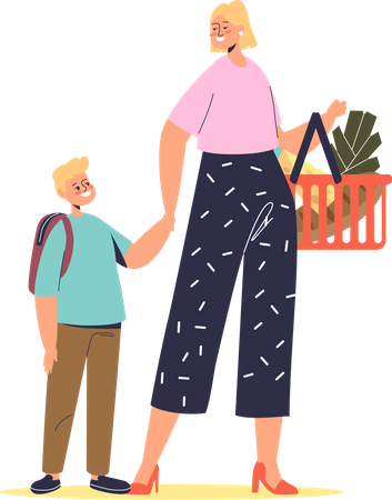 Madre con niño haciendo compras  Ilustración