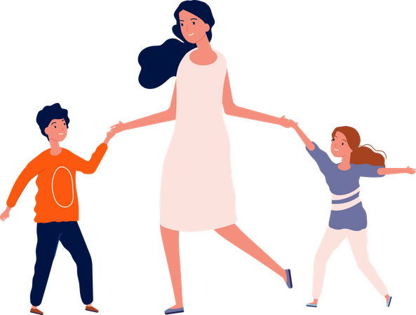 Madre con niños bailando  Ilustración
