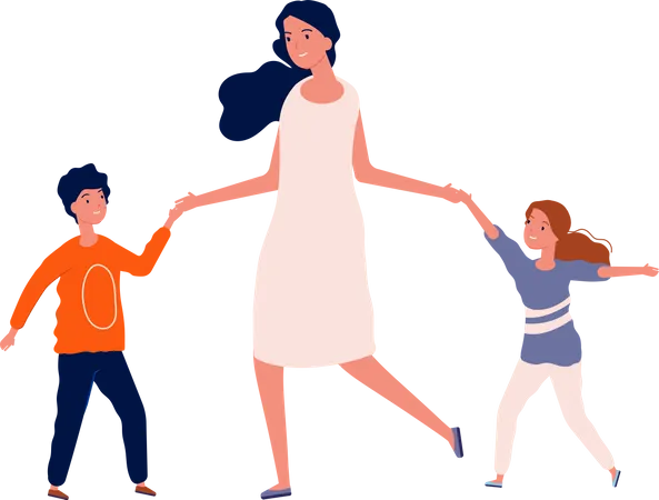 Madre con niños bailando  Ilustración