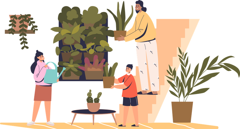 Madre con hijos cuidando plantas caseras.  Ilustración