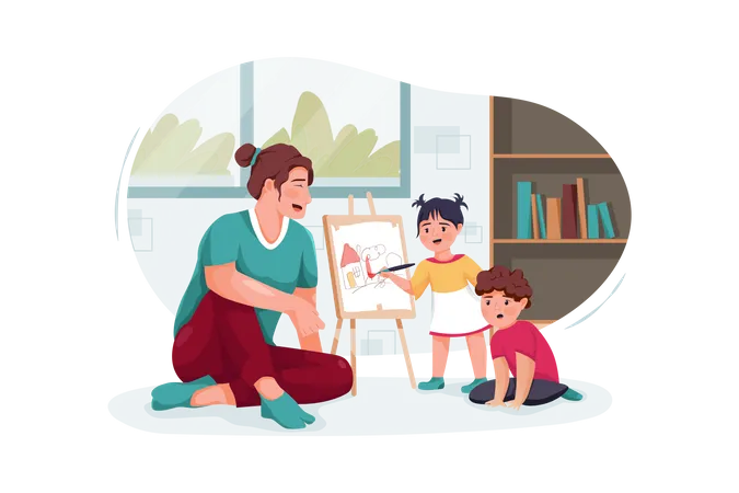 Madre con lindos niños jugando y dibujando en casa  Ilustración