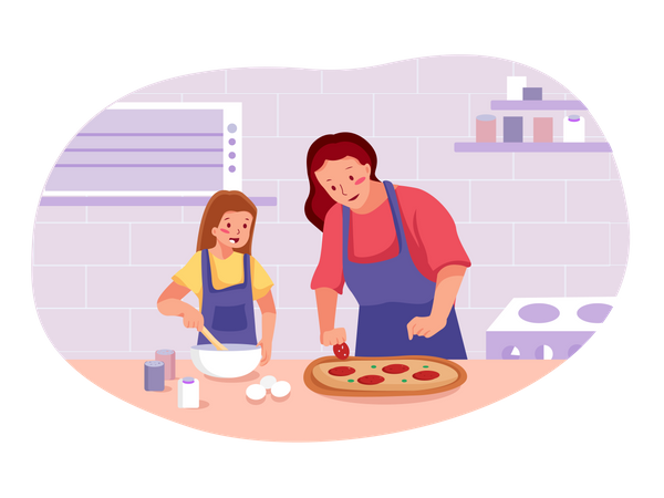 Madre con niña haciendo pizza  Ilustración