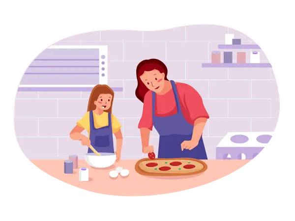 Madre con niña haciendo pizza  Ilustración