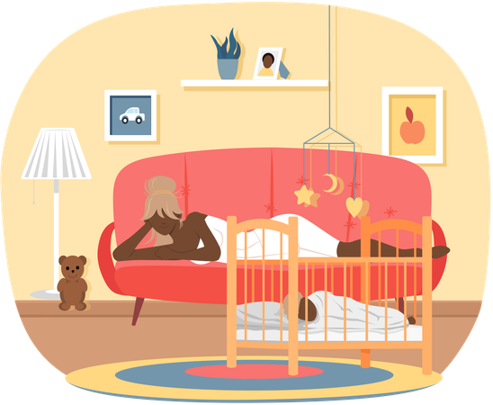 Madre con vestido rojo cerca de un bebé durmiendo en la cama  Ilustración