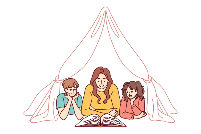 Madre contando historias a los niños del libro de cuentos  Ilustración