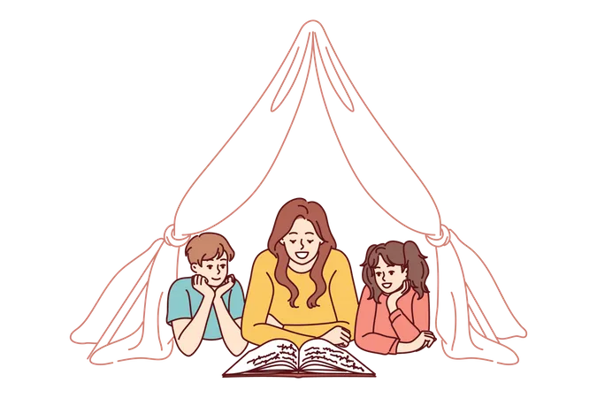 Madre contando historias a los niños del libro de cuentos  Ilustración