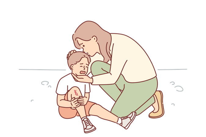 Madre cariñosa consuela a su hijo que llora y se lesionó la rodilla en una caída  Ilustración