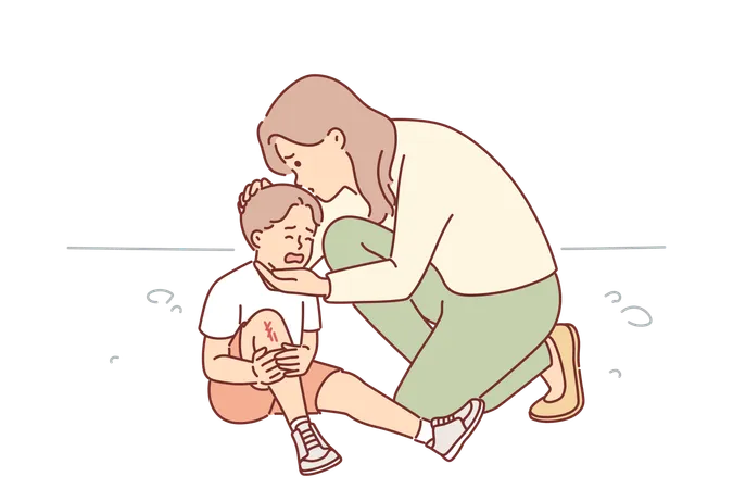 Madre cariñosa consuela a su hijo que llora y se lesionó la rodilla en una caída  Ilustración